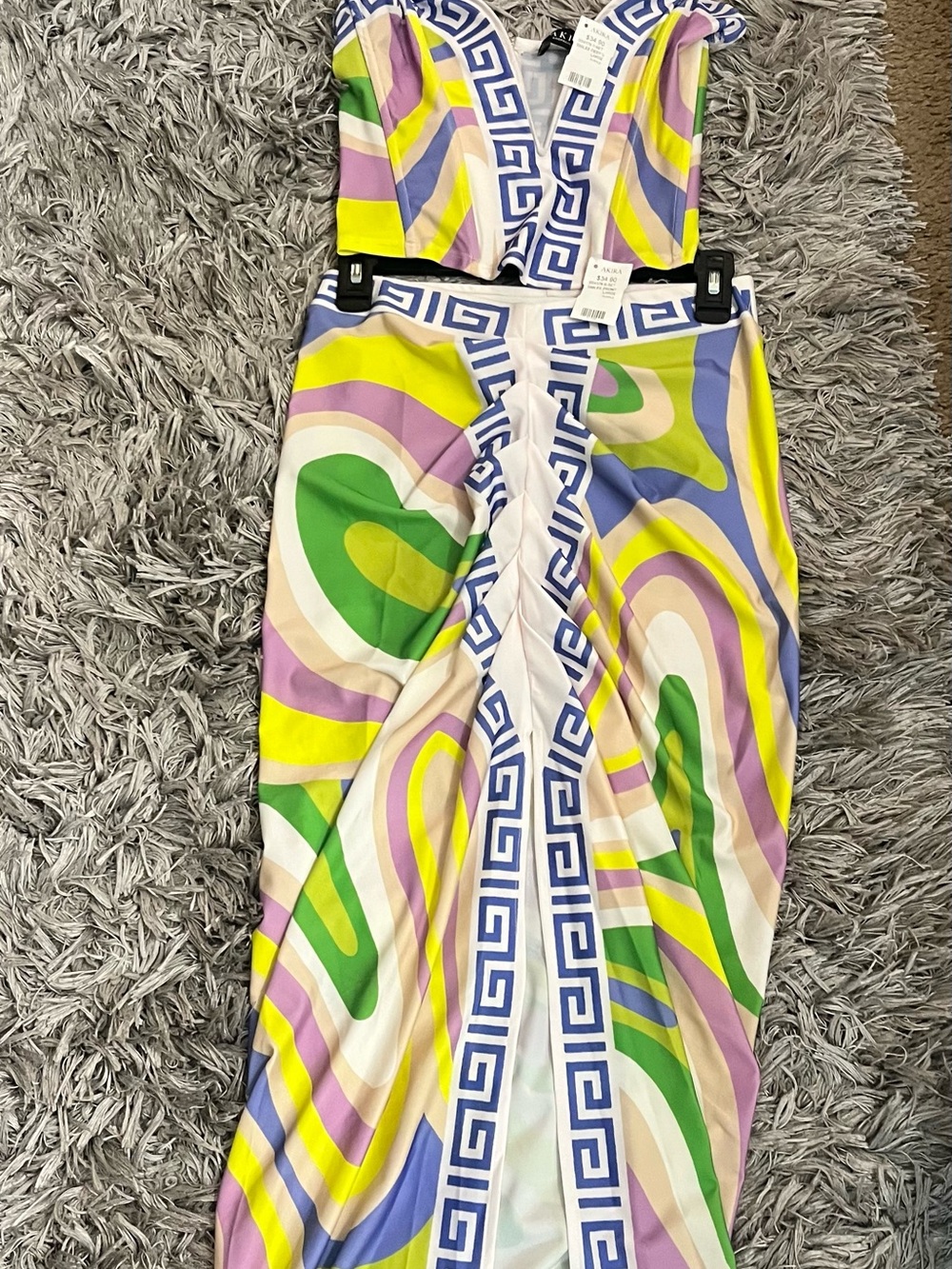 Akira Multi-Color Maxi Skirt & Crop Top Set with Greek Key Trim Large NWT